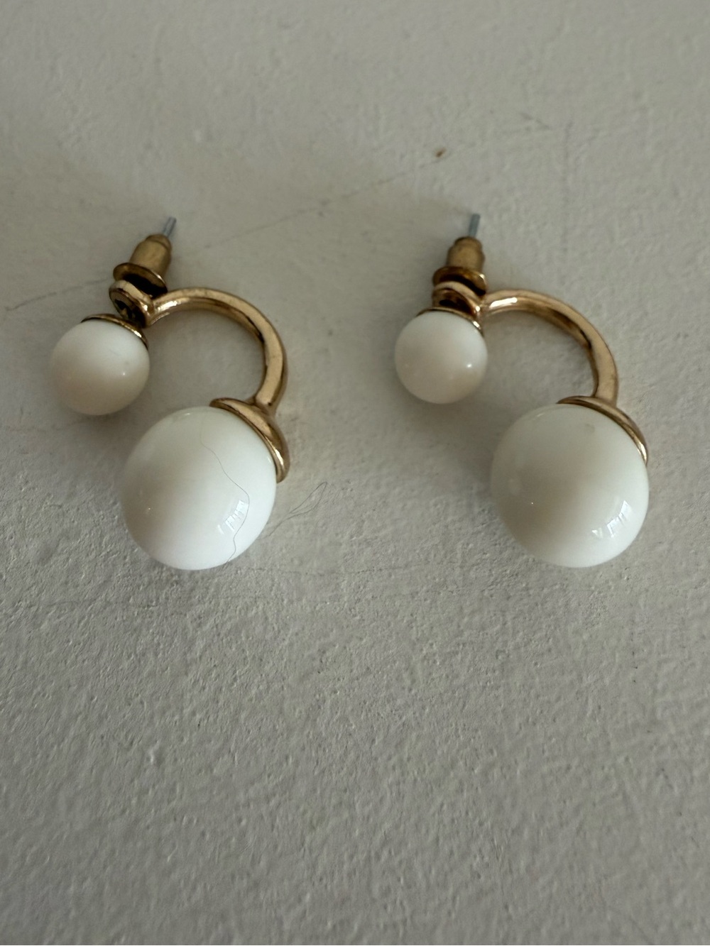 Gold and White Double Pearl Drop Earrings - Women's Jewelry